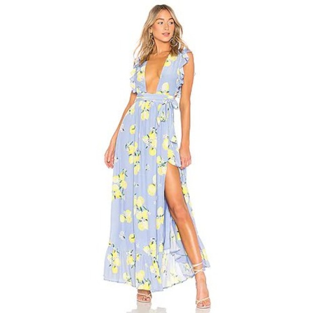 MAJORELLE NWT Sweet Pea Light Blue Maxi Dress with Yellow Lemon Print
